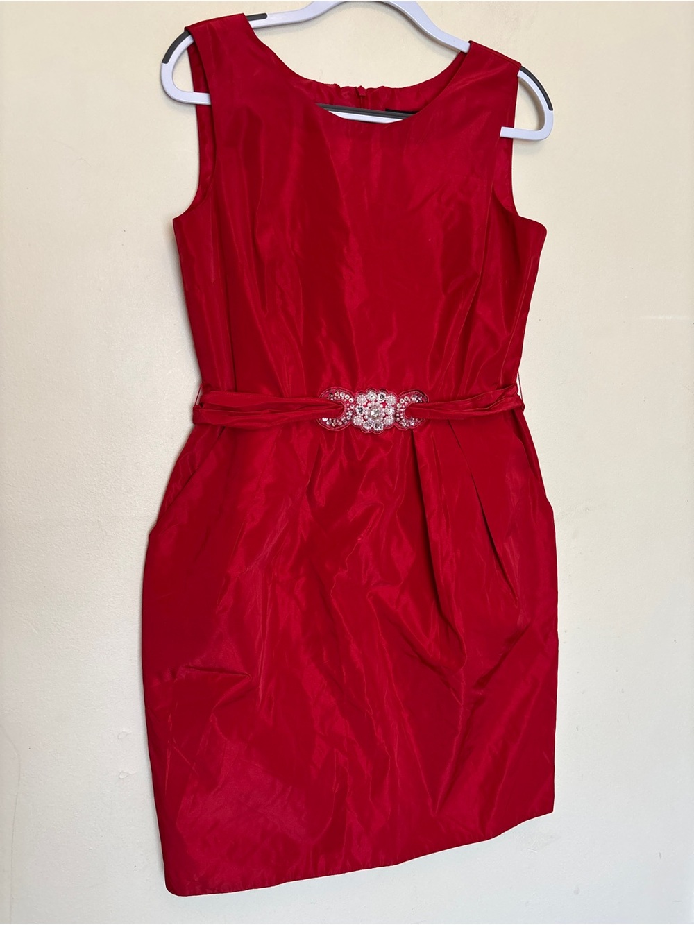 Alex Evenings Sheath Satin Dress Sz 12 Rhinestones Festive Holiday Party Pockets